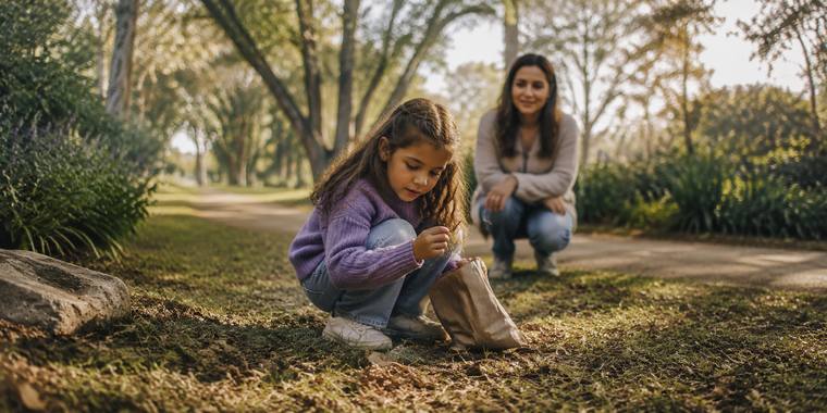 A child crouching on a park path to collect leaves while a parent watches from a few steps back