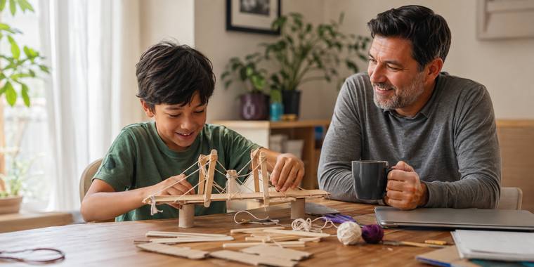 A boy at a dining table testing a bridge he built from lolly sticks and string, his father watching