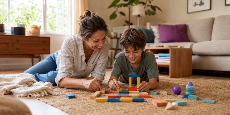 A mother and her son lying on a rug building together with wooden blocks
